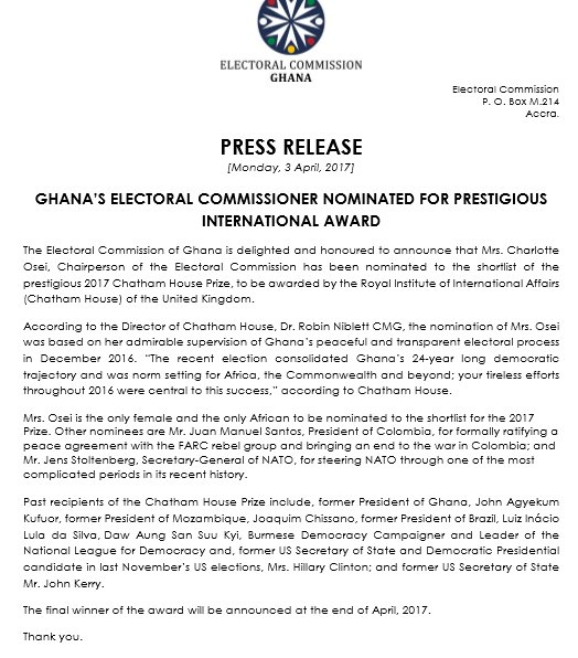 ECGhanaOfficial's tweet photo. GHANA'S EC CHAIR NOMINATED FOR TOP INTERNATIONAL AWARD @Joy997FM @Citi973 @3Newsgh @thenanaaba @Bridget_Otoo https://t.co/q4aBuFH8gQ https://t.co/kfZ00PrjqG