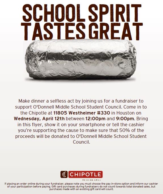ODMSMustangs's tweet image. Support ODMS Student Council by dining @ Chipotle on 4/12 from 12p-9p.