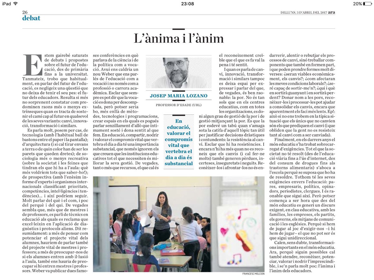 JosepMVilalta's tweet photo. (+) L'educació com a vocació @JosepMLozano ARA @ismaelpalacin @RosaSensat @Edu21_cat @FMRPc @FaPaCcat @Merce_G @RuizIsern @coralregi @PepeMe https://t.co/PcF6xDdPbZ