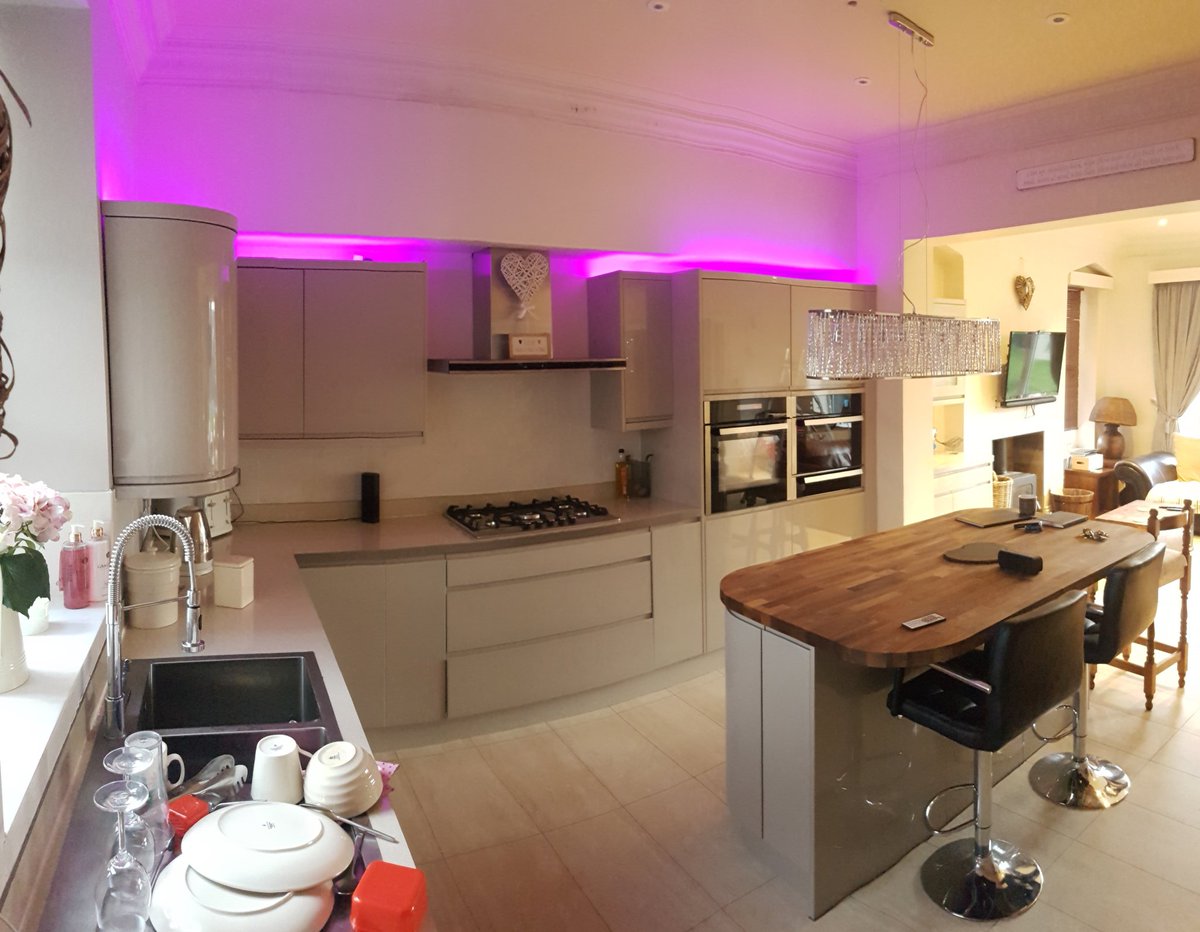 Kitchen rewire complete - LED lights above cupboards, LED downlights and a hanging chandelier all switched seperatly.