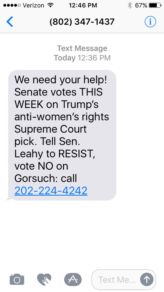 whitewinery's tweet photo. Hey Vermont friends, anyone else receiving text messages from the above number? #TakeMeOffTheList #ConfirmGorsuch https://t.co/QPeOL8y3Ot