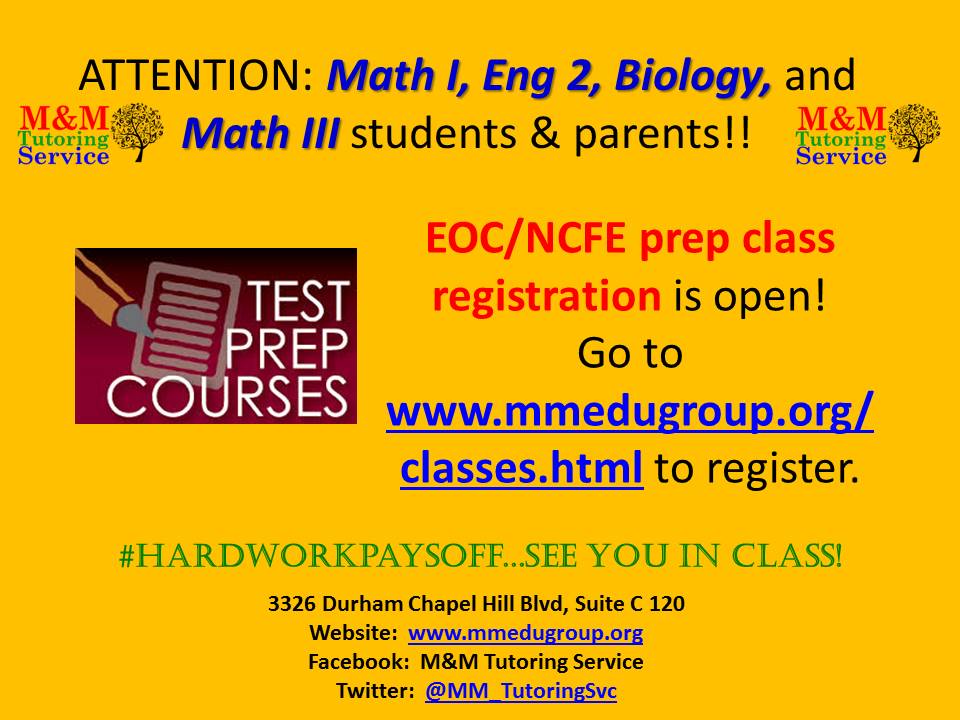MM_TutoringSvc's tweet image. EOC/NCFE prep class registration is now open! Register NOW! mmedugroup.org #math1 #eng2 #bio #math3