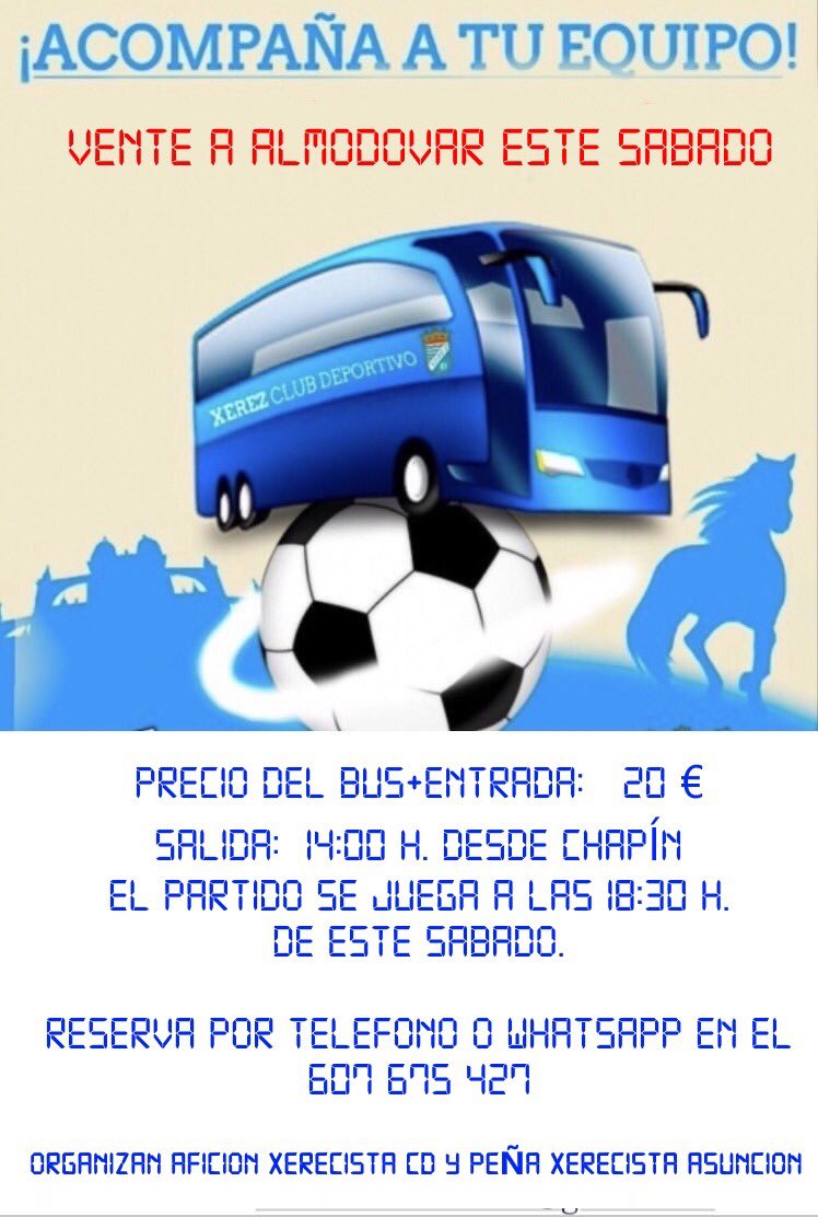 Acompaña a tu equipo en Almodóvar este sábado.Bus+entrada: 20€
Reserva por tel. o whatsapp en el 
607675427
Horario del partido Sábado 18:30