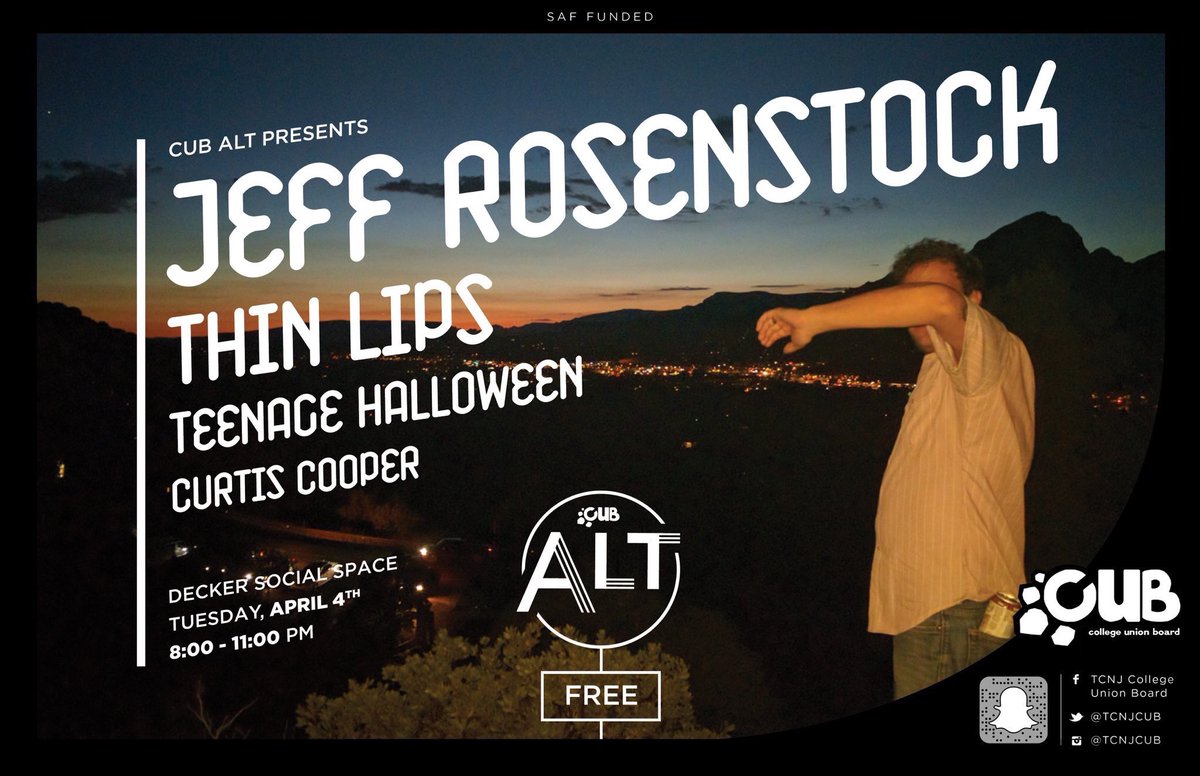 Tomorrow at TCNJ! Free show with <a href="/jeffrosenstock/">Jeff Rosenstock</a> <a href="/xthinlipsx/">Thin Lips</a> &amp; <a href="/tnghllwnband/">Teenage Halloween 🎃</a>. So stoked to rock!