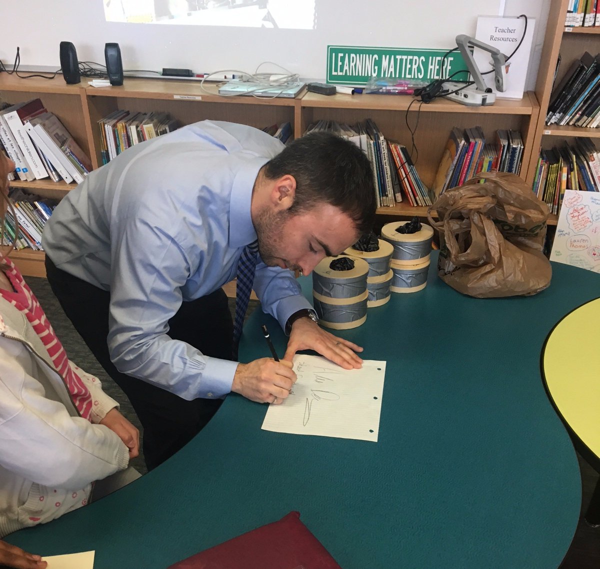 Personal_CFO's tweet photo. We have a new star in town @Uncle_Superman signs his first autograph when presenting to a Gr 6 class #alex4astro #bethenextcdnastro @csa_asc https://t.co/w4lEdk6pZO