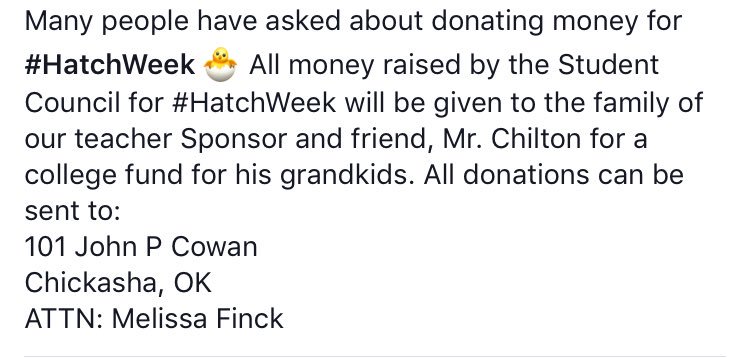 ChickHighCoop's tweet photo. Many have asked where they can send donations for #HatchWeek π£
We appreciate all community support! #TeamChickasha https://t.co/nkOs8CQEU9