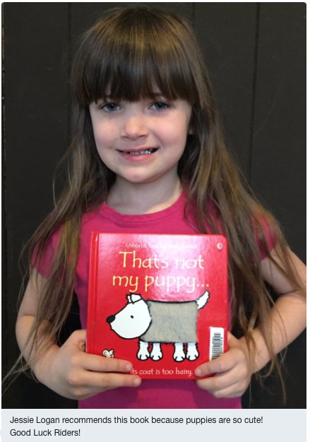 7thAveSchool's tweet photo. Great job Jessie. We are sure the Riders are all suckers for cute puppies. They'll enjoy that book for sure. #RiderReading #PSS210 https://t.co/mnw4m8pJ2t