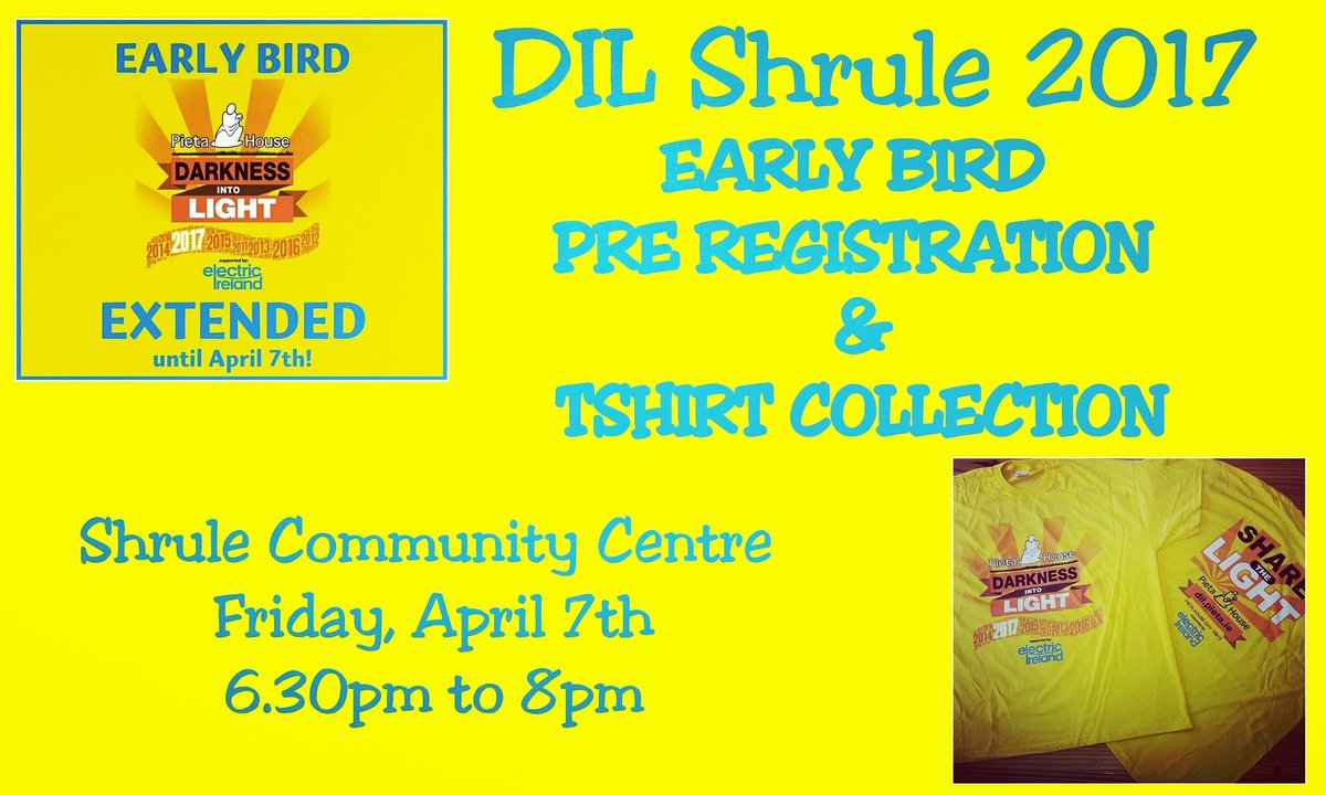 Early bird pre reg this Friday in Shrule Community Centre!!! #DILShrule #DIL2017 #PietaHouse #EarlyBird #PreRegistration #ElectricIreland