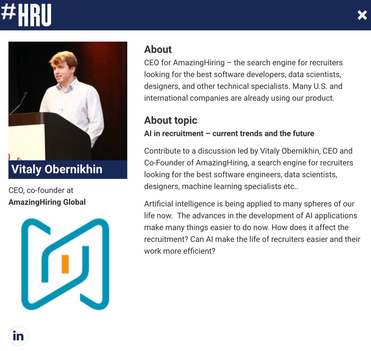 AkiKakko's tweet photo. Great to have @VitalyOber @AmazingHiring to talk "AI in recruitment" at #HRUSanDiego 3rd of May https://t.co/wgfIVAvW9k https://t.co/6UN1FuimGa