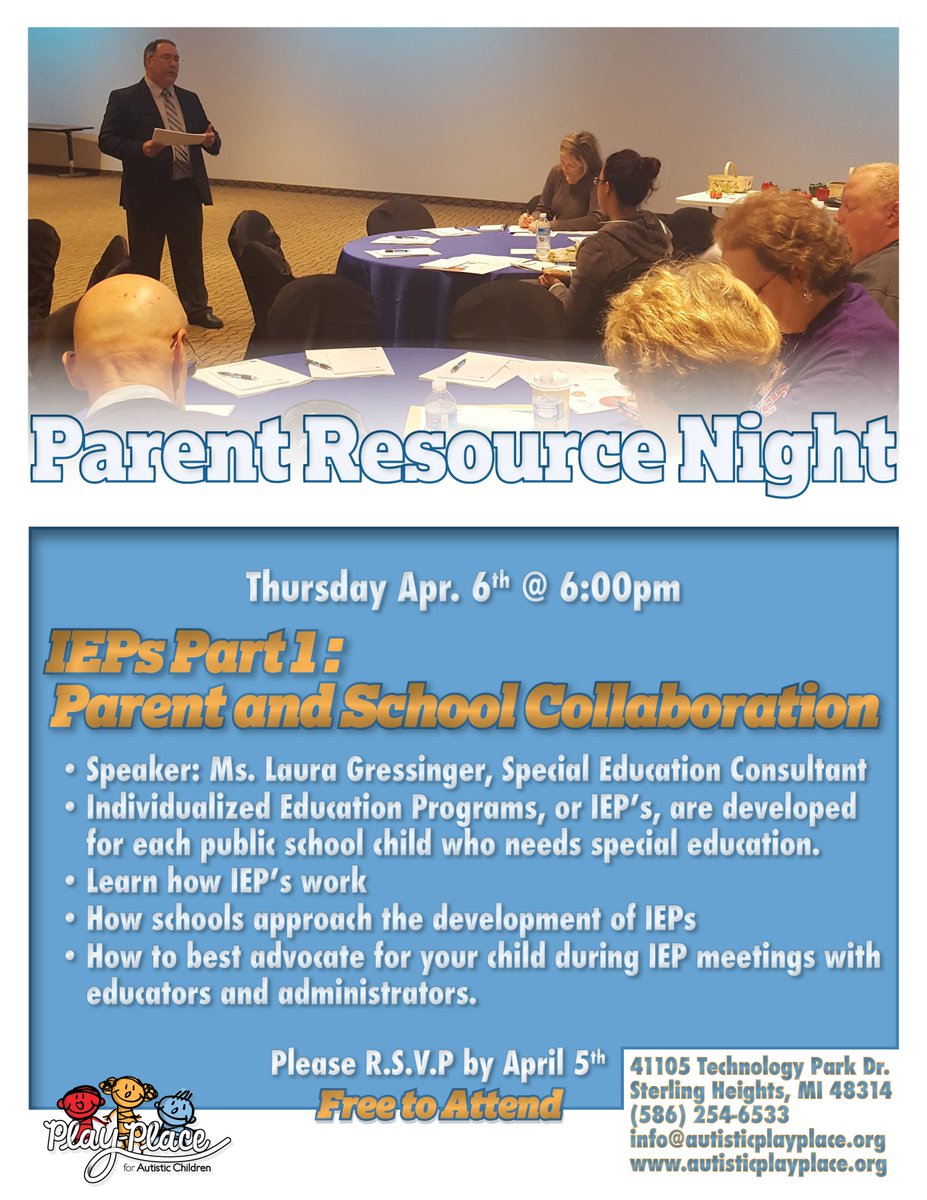 A quick reminder that this thursday we will be having Part 1 of our free IEP presentation. RSVP by Wed April 5th @ autisticplayplace.org/IEPs1