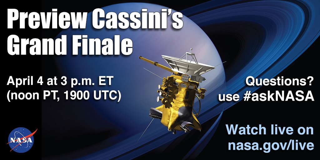 NASA's tweet photo. Join us at 3pm EDT on April 4 for a look at @CassiniSaturn's Grand Finale. Learn more: https://t.co/f1viirD72I https://t.co/RHHCrsl1D8