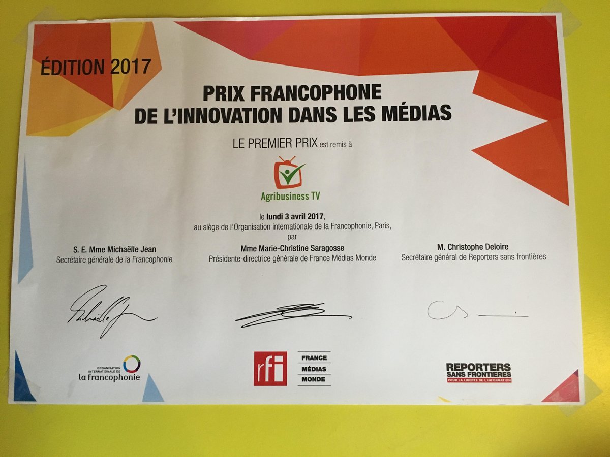 AgribusinessTV's tweet photo. .@AgribusinessTV remporte le 1er prix francophone de l'innovation dans les médias. En savoir plus > https://t.co/TeNRxAEGCM #PFIM https://t.co/iljVLTDT3Y