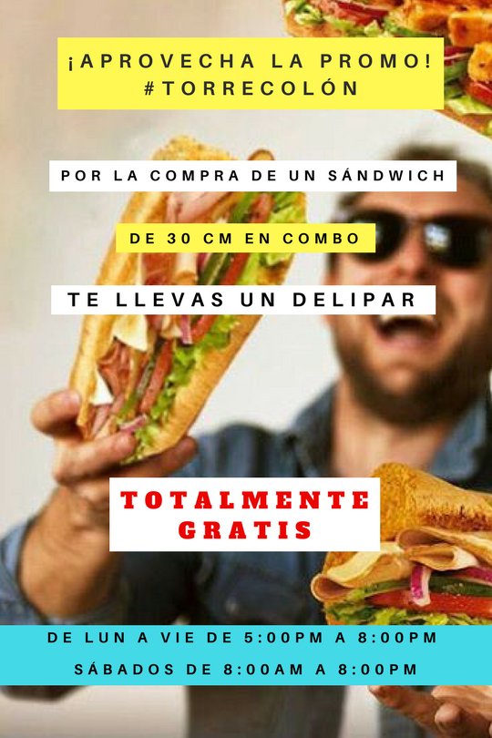 SubwayPzo's tweet photo. PROMO #TorreColón
Por la compra de un #sándwich de 30 cm en combo, te llevas un #DeliPar totalmente GRATIS. De lun a vie de 5:00pm a 8:00pm https://t.co/r6JSBntMrc