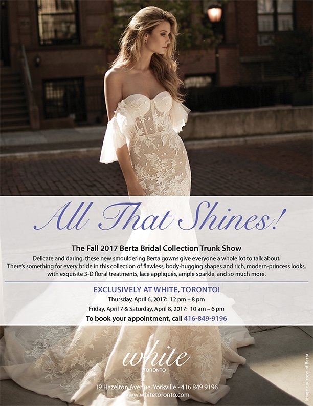 whiteTO_MTL's tweet photo. All That Shines! It's the @bertabridal Collection Trunk Show at #WhiteToronto, April 6-8, 2017. #brides #bridal #Berta https://t.co/gLM3c7yPp8