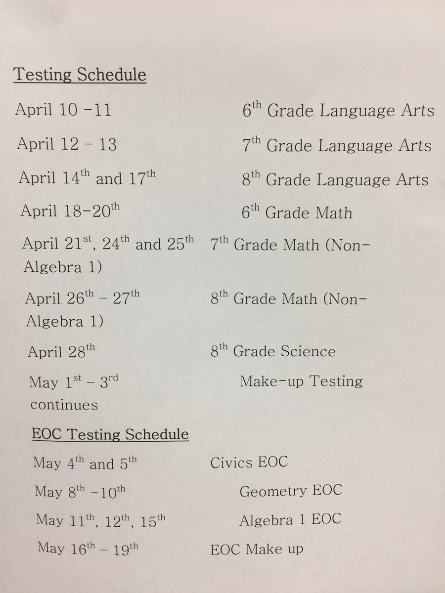 6th, 7th, and 8th grade FSA testing schedule!