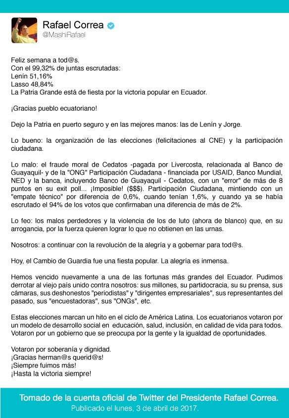 PPancia's tweet image. &quot;La Patria Grande está de fiesta por la victoria popular en Ecuador&quot;, @MashiRafael