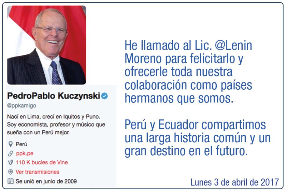 35MOVER's tweet image. .@ppkamigo se pronuncia ante la victoria de @Lenin: &quot;#Perú y #Ecuador compartimos un gran destino en el futuro&quot;. #EcuadorGanoConLenin