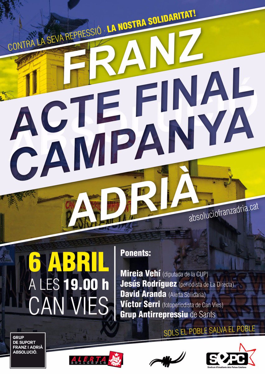 Aquest dijous a les 19h no us perdeu la xerrada a can vies de <a href="/AbsolucioFA/">Absolució FranzAdrià</a>. La solidaritat la nostra millor arma.