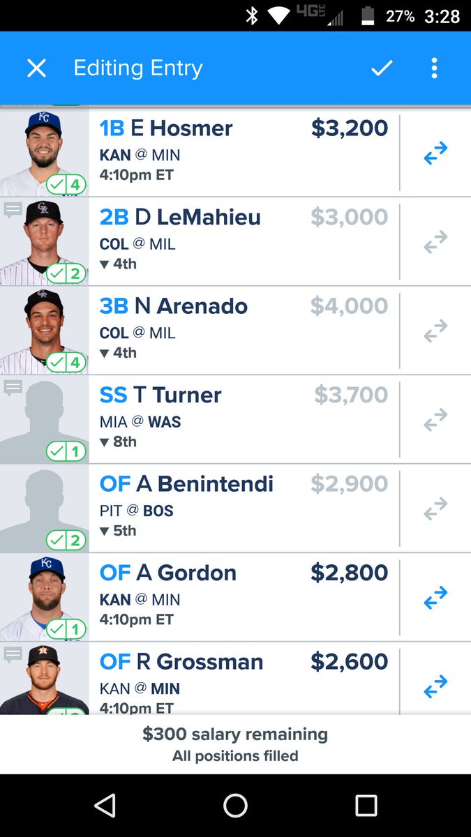 DFSdynamite's tweet image. Taking Abreu out for Hosmer and Gordon into the outfield...due to weather issues