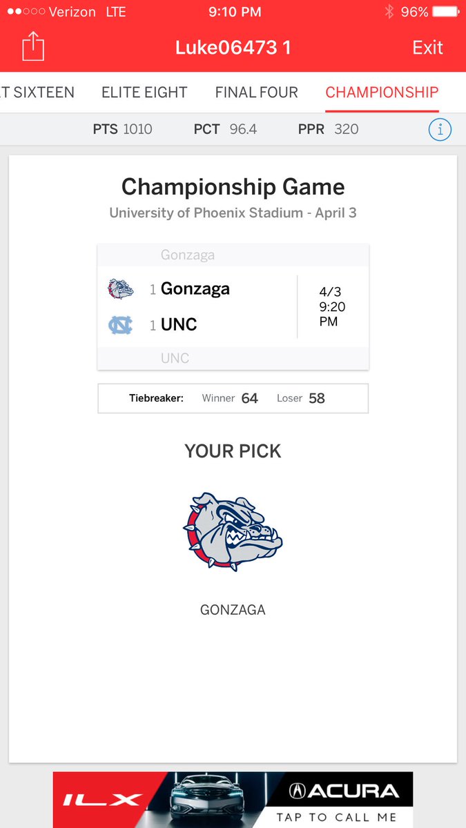 SwaggaBoyLuke's tweet photo. Straight up I was one of about 200 people in the county to pick the final 4 perfect. #Top2butImNot2 https://t.co/rFGST9EGzP