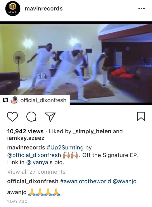 Big shoutout to <a href="/MAVINRECORDS/">MAVIN</a> for their support and <a href="/Iyanya/">its iyanyaaaaaa 🍪</a> for a hit.      Naija mix dance cover!!!  #AwanjoToTheWorld