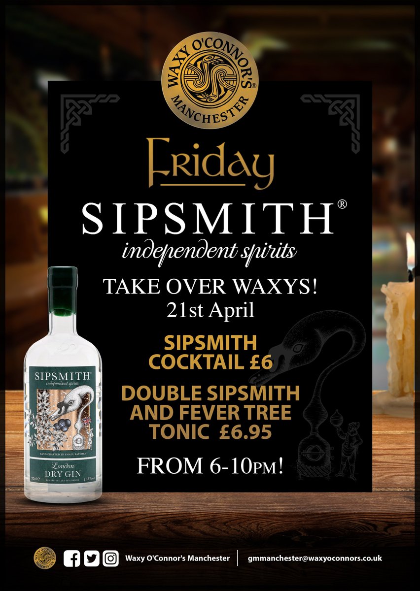 GIN FANS! <a href="/sipsmith/">Sipsmith Gin</a> are taking over @WaxysManchester in a couple of weeks! Visit their FB page to win invites to a free tasting too🍸😍