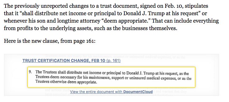 propublica's tweet image. 4/ The Trump trust doc was revised &amp;amp; signed Feb. 10. Here you go, @seanspicer: documentcloud.org/documents/3525…