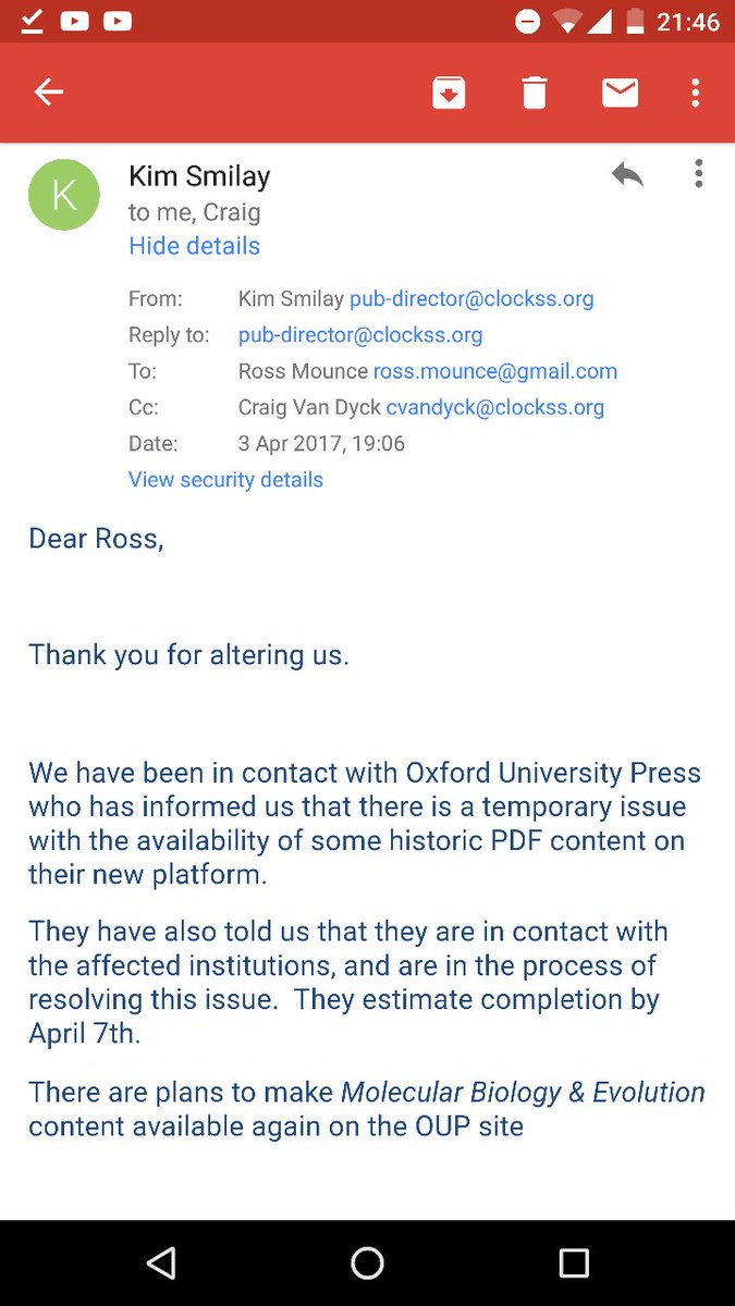 rmounce's tweet photo. OUP's service failure is apparently not a CLOCKSS trigger event. I wouldn't call 1998 "historic" content tho cc @brembs @jar346 #OUPfail https://t.co/WymjKz2gQG