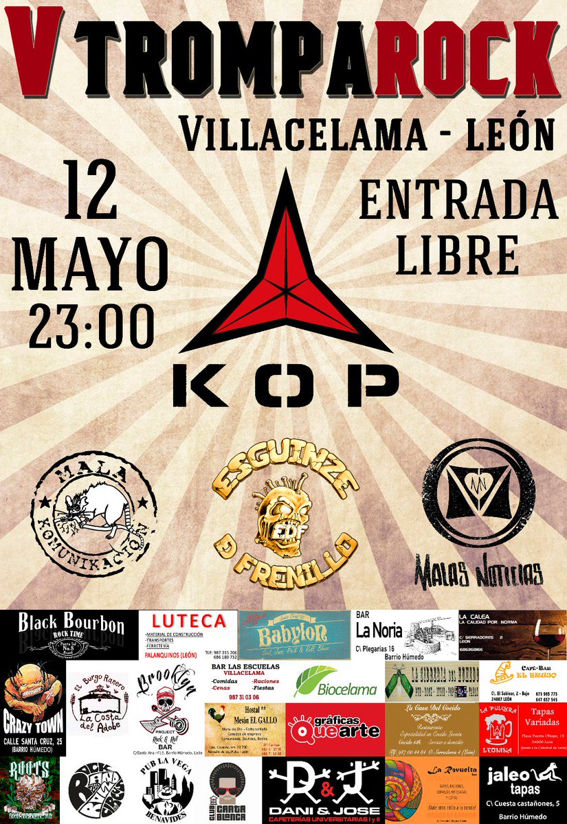 TrompaRock_'s tweet photo. CARTEL DEFINITIVO PARA NUESTRA V EDICIÓN. KOP+ESGUINZE DE FRENILLO+MALAS NOTICIAS+ MALA KOMUNIKACION. 12 DE MAYO @Villacelama . GRATIS https://t.co/652HcgwvEE