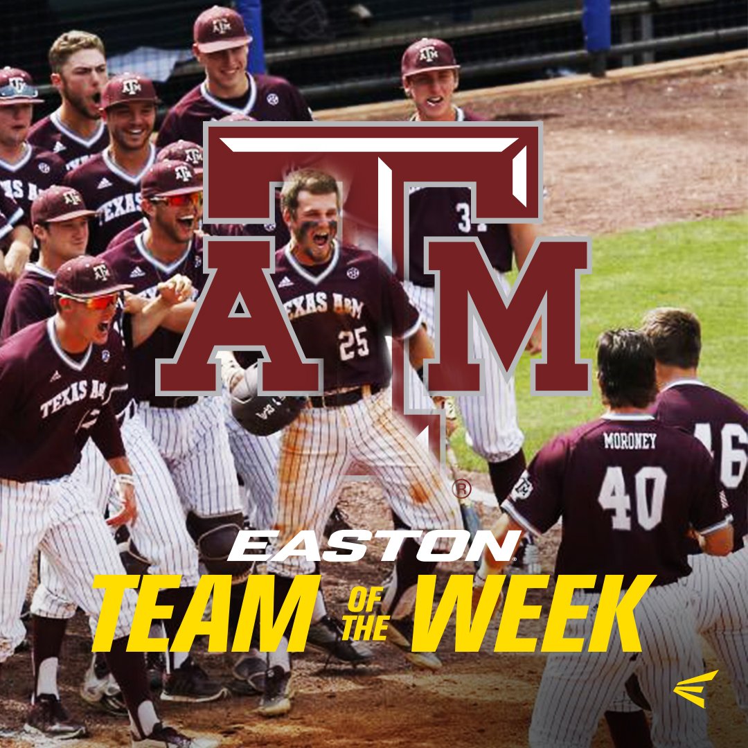 EastonBaseball's tweet photo. Congratulations  to Texas A&amp;M for being Our Team of The Week. The Aggies won a road series at LSU! #EastonBaseball #PoweredByEaston https://t.co/VJzIt6oSEd