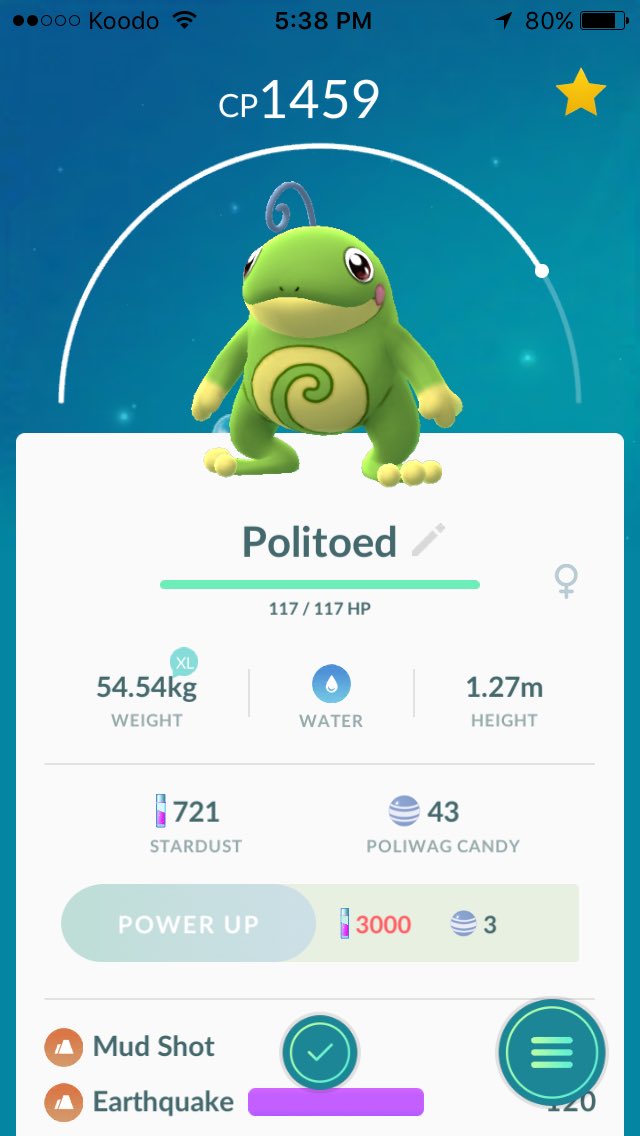 tinytacoturtle's tweet photo. The 7 day spin rewarded me with what I needed! Welcome to the crew, Politoed #PokemonGO #TeamInstinct https://t.co/Bi59gLvVxl