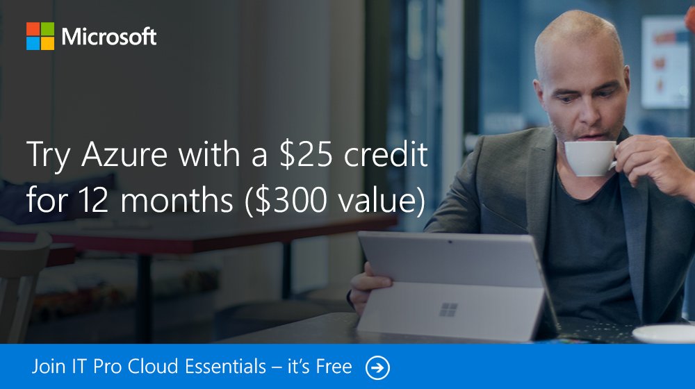 Get in the #cloud with this #Azure trial offer when you join #ITPro Cloud Essentials. Join for free: https://www.microsoft.com/itprocloudessentials/en-US?wt.mc_id=ce_so_1703_2