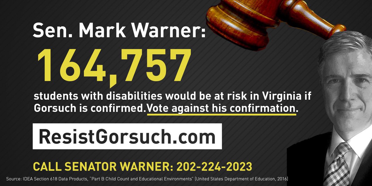 Sneschalmerz's tweet photo. .@MarkWarner Thank you for voting NO to #SCOTUSnominee #Gorsuch. #CripTheVote #Education #504 #IDEA #ADA #Resist #CripResistance #pwds https://t.co/ervJUHUEAQ