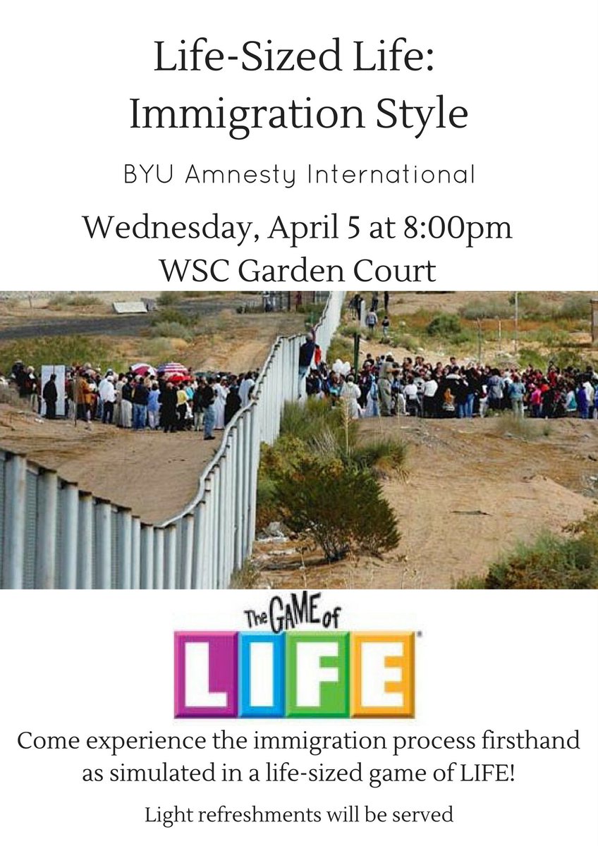 BYUAmnesty's tweet photo. Life-Sized Life Refugee simulation Wednesday, 8:00pm in WSC Garden Court! Bring your friends! https://t.co/1jH1DbR4SU