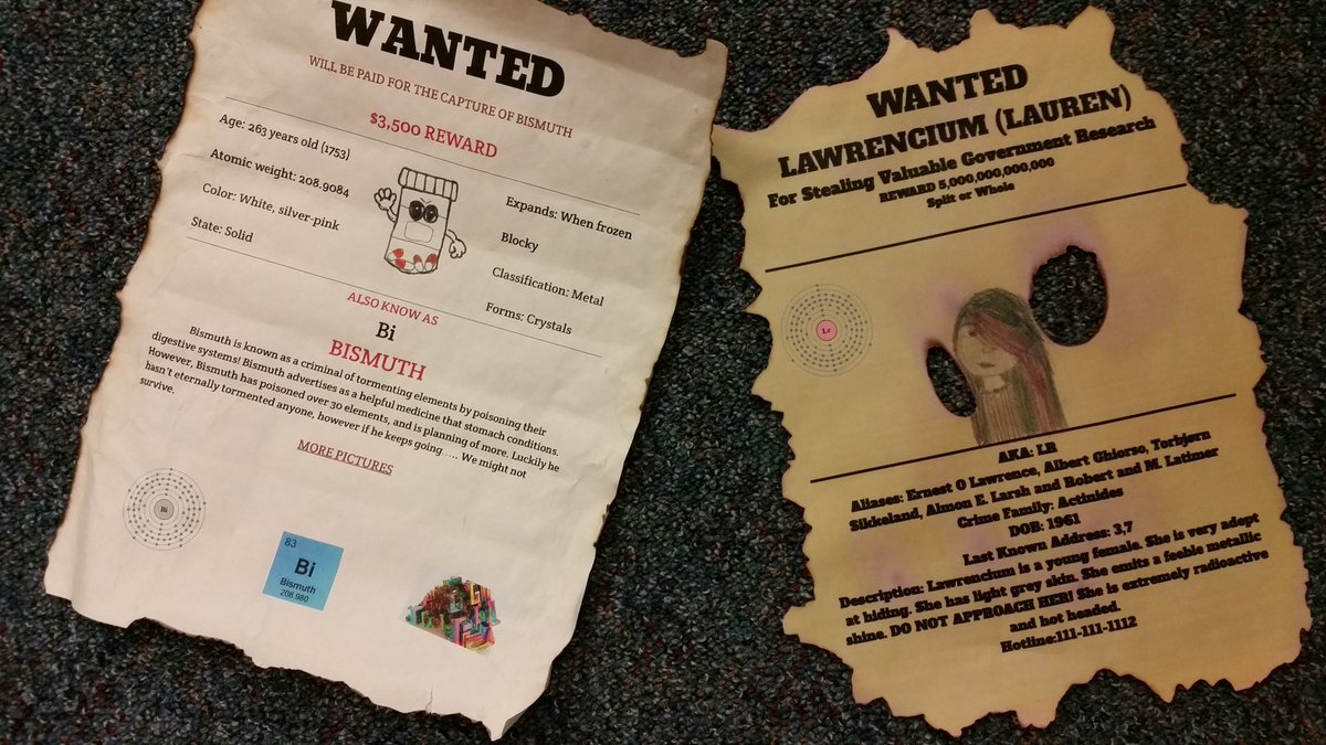 SouthRidgeElem's tweet photo. 6th graders creatively explored and reported real world uses of elements through Wanted posters #soewolves #ibpyp #RockyMtnIB #chemistry https://t.co/sBYHCJrwLJ