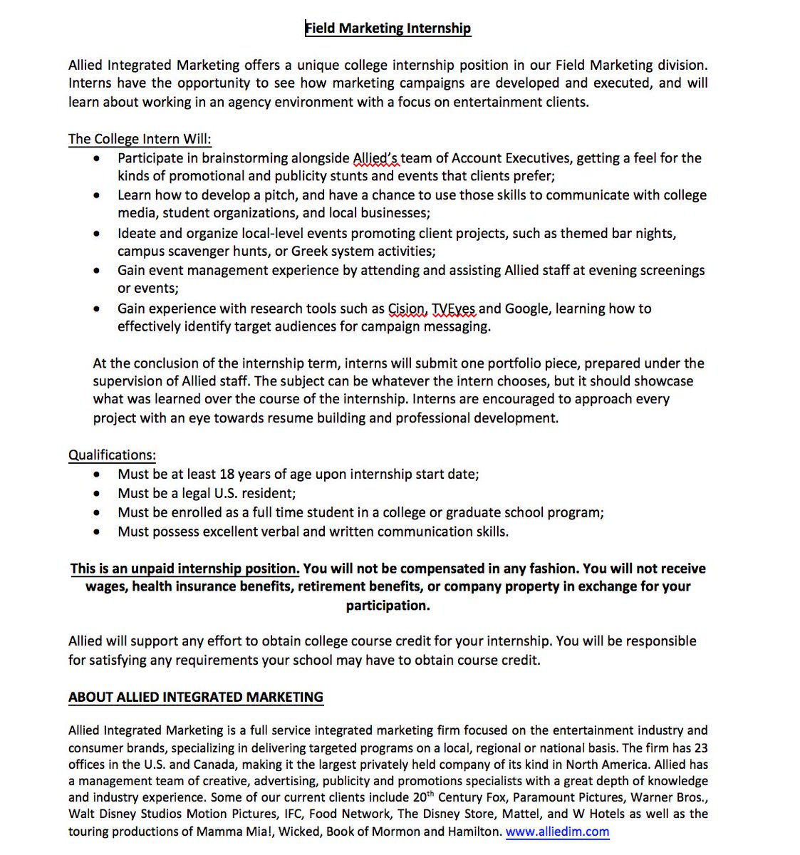 NYUPRSSA's tweet photo. SUMMER INTERNSHIP:

Allied Integrated Marketing is looking for a summer intern!  Check out the photo for more information 😀 https://t.co/pVWo1kI3ud