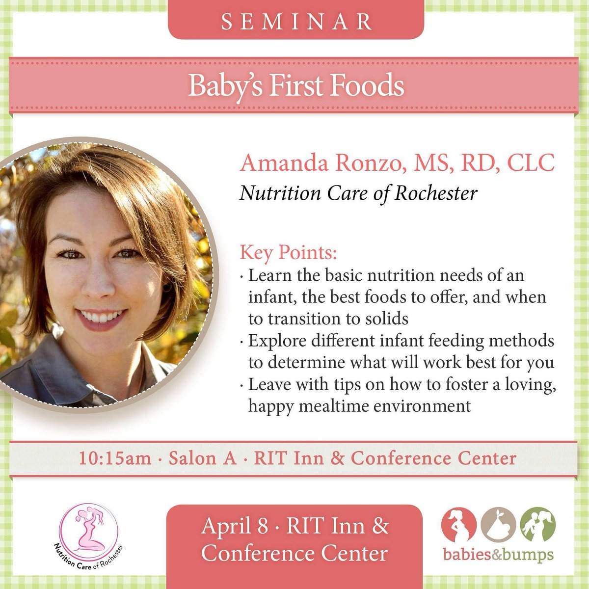 eatrightroc's tweet photo. Hope to see you at this wonderful event! Check out my Facebook page for the days seminar lineup! #roc #babiesandbumps #RIT https://t.co/OtUKyxmMkz
