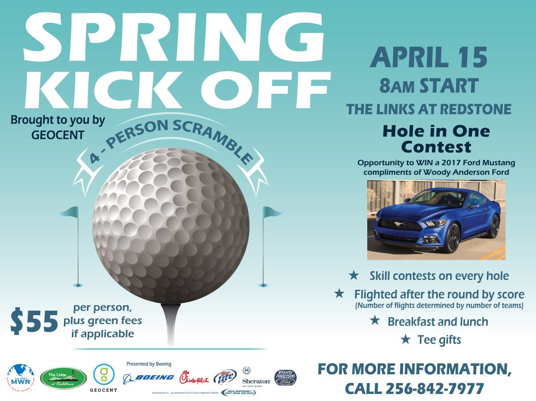 Spring Kick Off Golf Tournament🏌️, brought to us by <a href="/Geocent/">Geocent</a>! Hole in one contest to win 2017 Ford Mustang from <a href="/WoodyAndersonAL/">Woody Anderson Ford</a>! 🚗