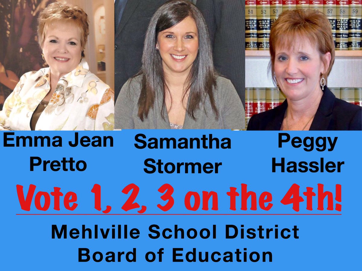 Tomorrow is Election Day #Mehlville. Vote 1, 2, 3 on the 4th for Jean Pretto, Samantha Stormer, and Peggy Hassler tomorrow. #proeducation