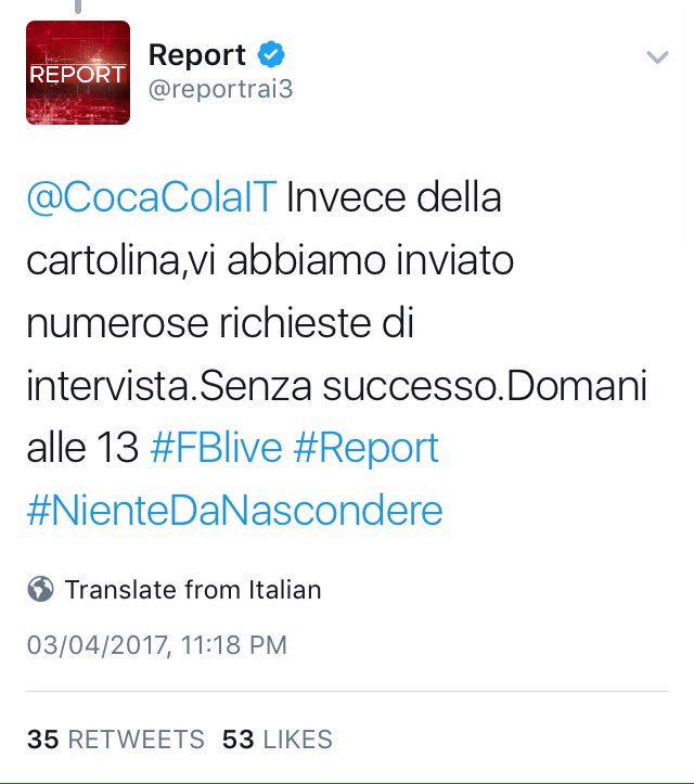 andreaspinopico's tweet photo. ⚡️Vi siete persi qualcosa di interessante @reportrai3 vs @CocaColaIT a #colpidiTweet 👉https://t.co/tJqvKxU8gY
cc @SaraBentivegna https://t.co/5hSEhEOlFR