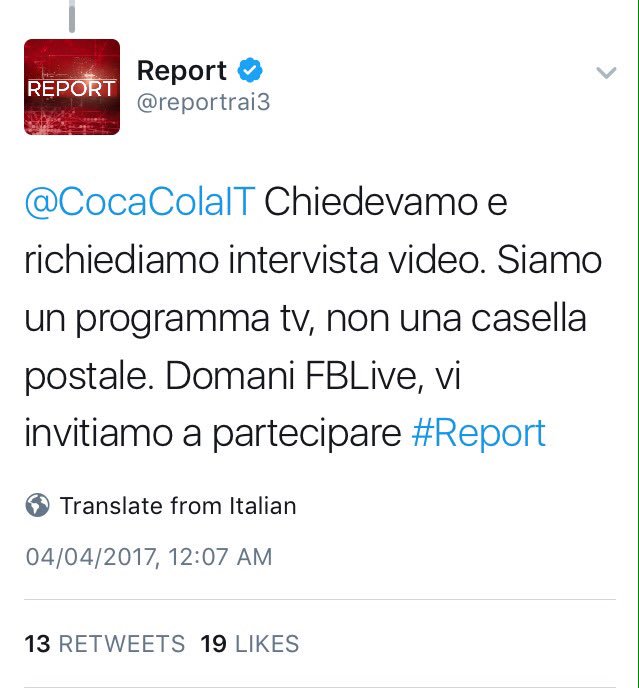 andreaspinopico's tweet photo. ⚡️Vi siete persi qualcosa di interessante @reportrai3 vs @CocaColaIT a #colpidiTweet 👉https://t.co/tJqvKxU8gY
cc @SaraBentivegna https://t.co/5hSEhEOlFR