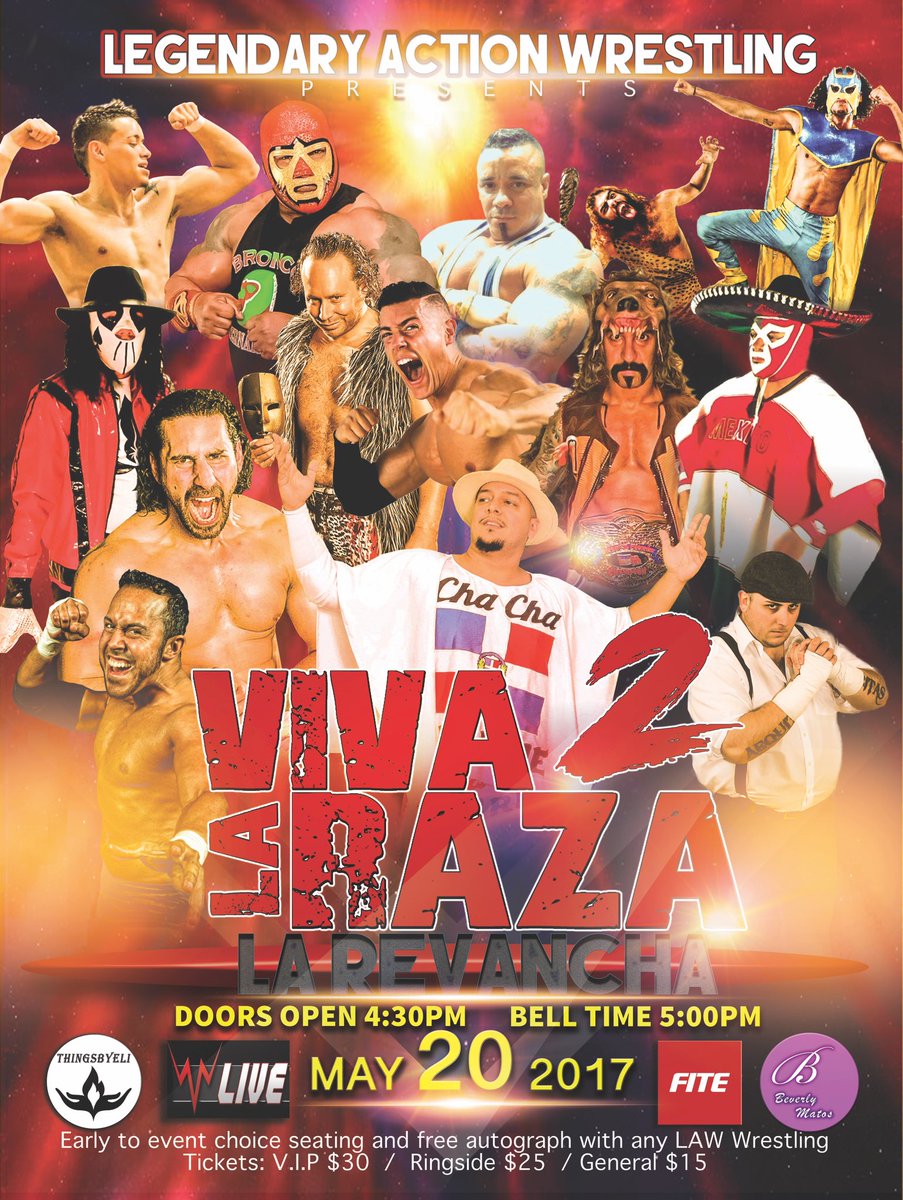 May 20th legendary action wrestling is back with "Viva la Raza " 2 la Revancha tickeri.com/events/58bdb37…