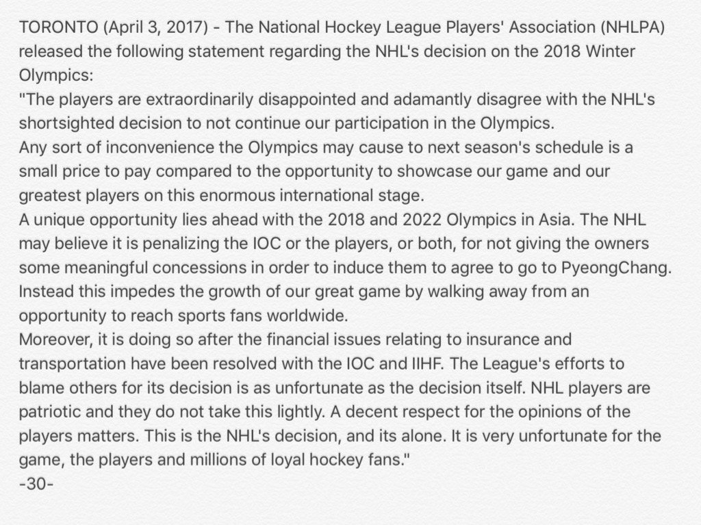 TSNBobMcKenzie's tweet photo. Strongly worded response from NHLPA on NHL decision to not go to 2018 Olympics: https://t.co/tSH0jzHAAk