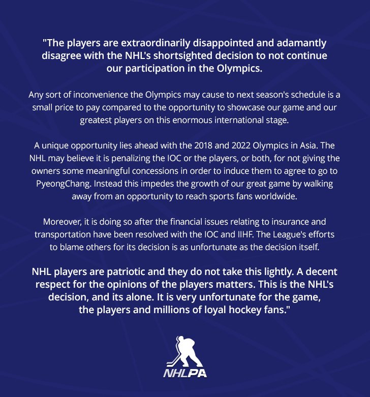 SiriusXMNHL's tweet photo. Statement from the @NHLPA on @NHL not attending 2018 Winter Olympics https://t.co/EiFReLrn87