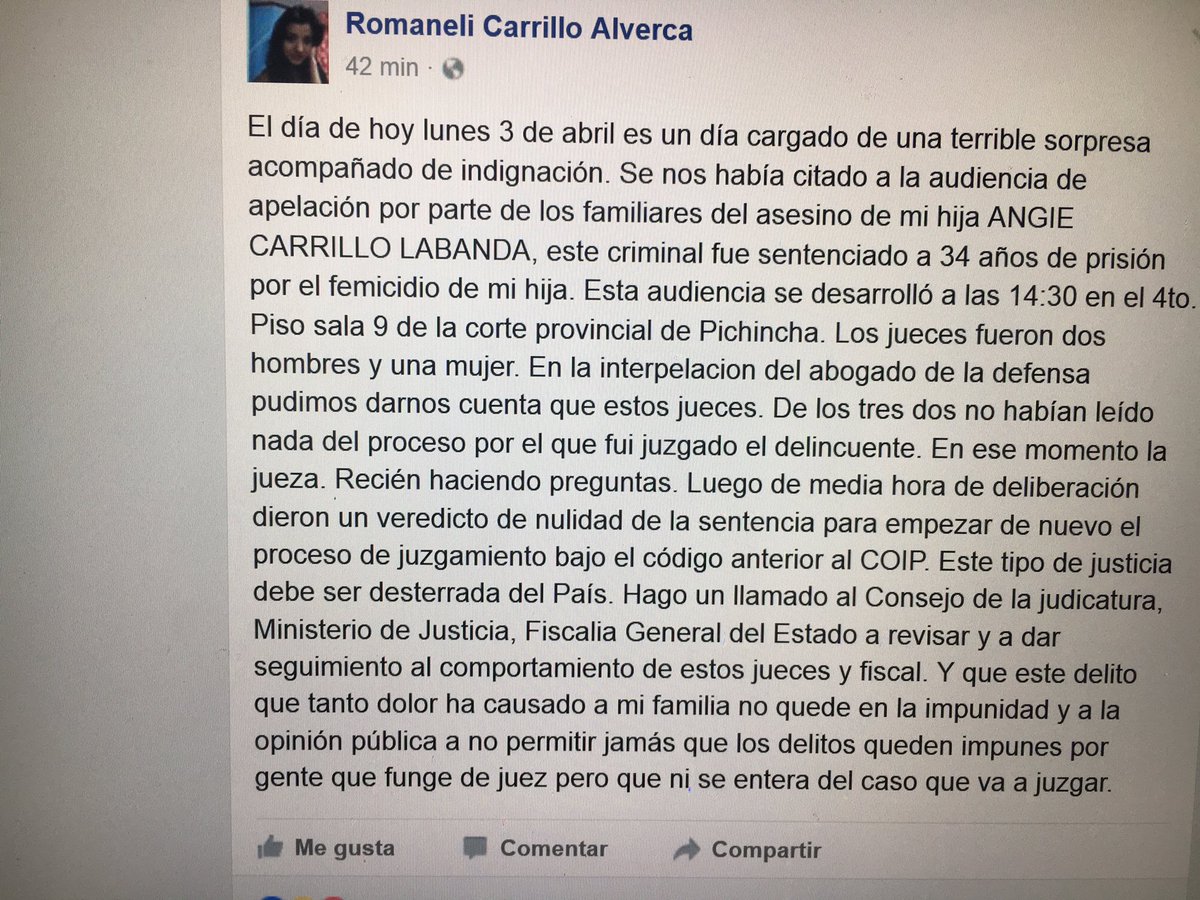 ChechiAlvarado's tweet photo. Termino el día enterándome q hoy un tribunal #Pichincha anuló sentencia contra el asesino de #AngieCarrillo, caso emblemático! #NOImpunidad https://t.co/Qzcd9Nnqso