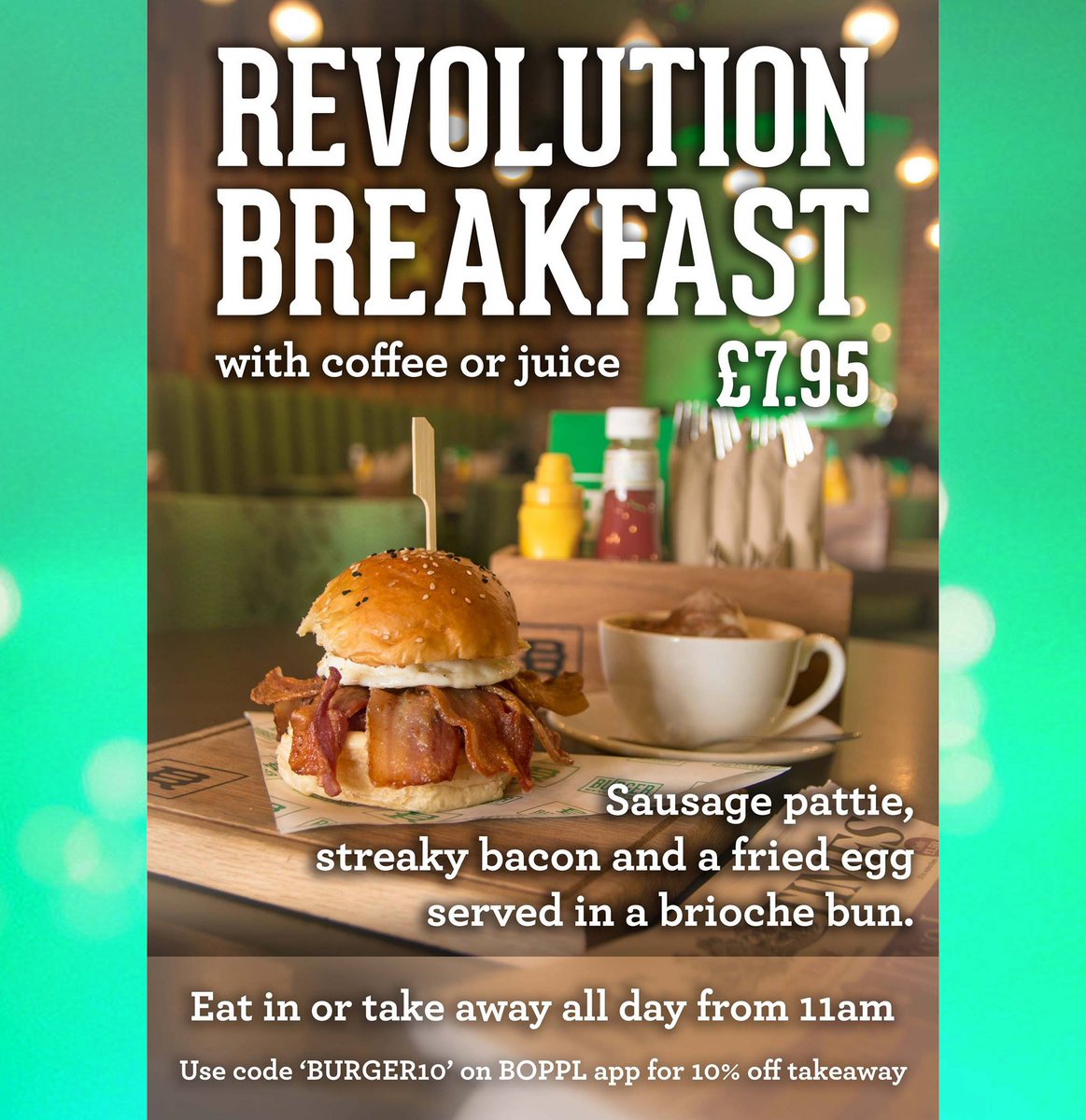 BurgerRevBS's tweet photo. Looking for places to go for #breakfast this #EasterHolidays?🐣Why not try our Revolution Breakfast with #coffee or juice for just £7.95!😋 https://t.co/lYcYnPua0p
