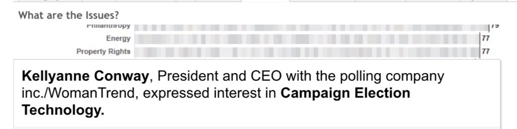 lovetogive2's tweet image. Kellyanne Conway, like many CNP members, interested in Campaign Election Technology." Why? #TrumpRussia #HackedElection #StolenVotes #Resist