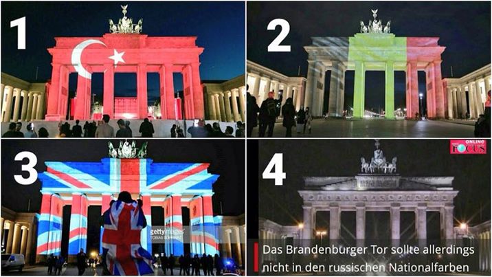 _RedScare's tweet photo. Бранденбургские ворота в Германии после терактов в: 
1. Турции
2. Бельгии
3. Британии 
4. России https://t.co/uoi5lX7G4e