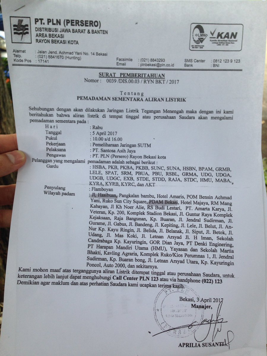 tirtabhagasasi's tweet photo. Surat pemberitahuan resmi dari PT.PLN . Terlampir juga wilayah yang terkena dampak pemadaman listrik dan supply air PDAM. https://t.co/jqcpoA0tK6