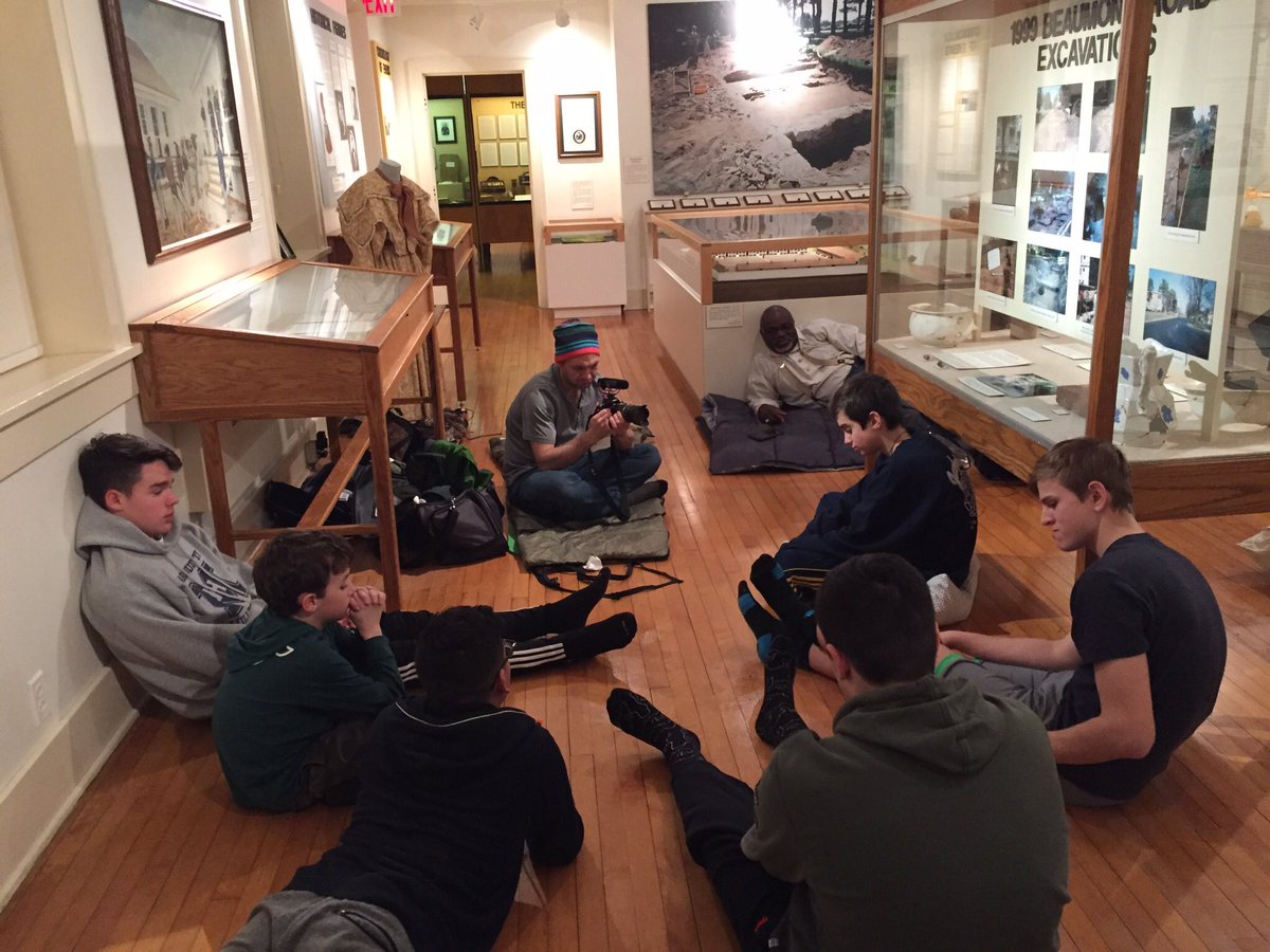 CMLese's tweet photo. MUHS Students discussing slavery in WIsconsin with @slavedwelling during overnight stay at Fort Crawford hospital museum. #historyteacher https://t.co/MWb2Pf8vEj